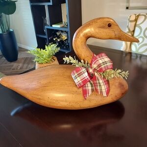 Rustic Wooden Swan with Red Plaid Bow